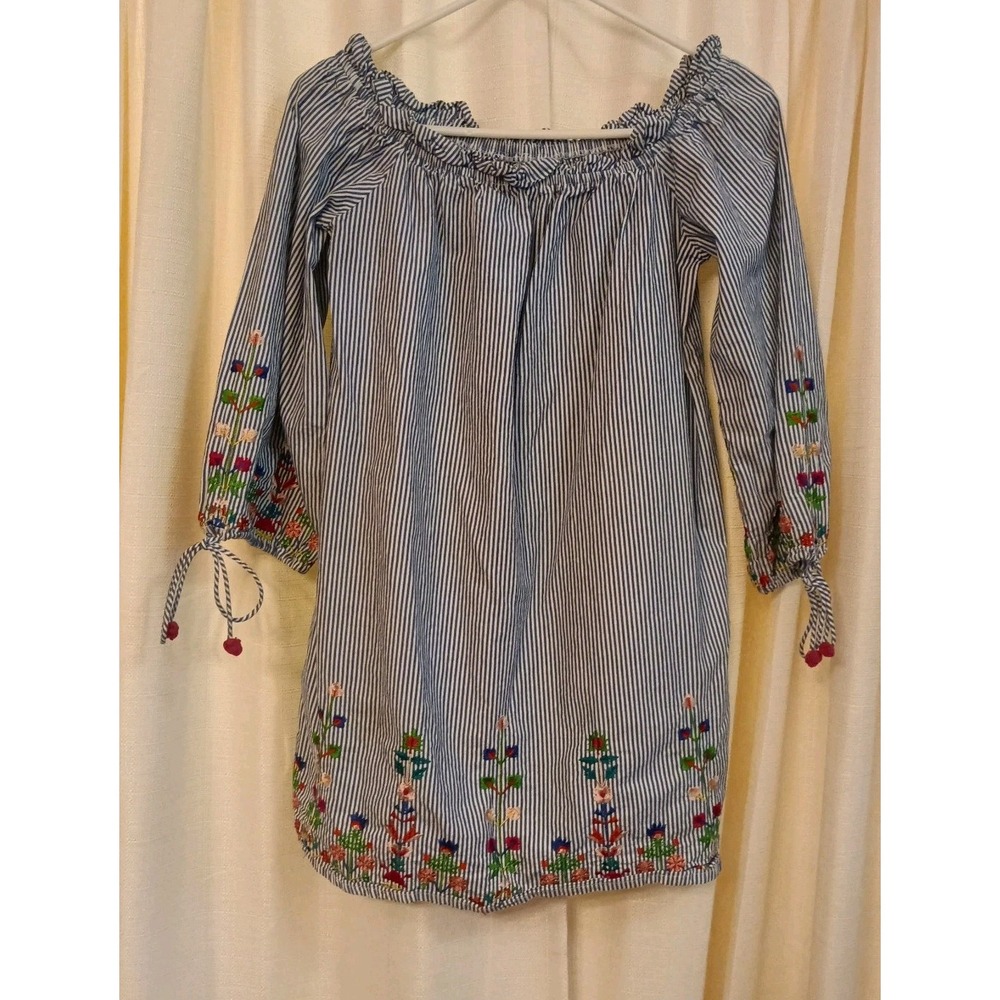 Boho Cottage Mini‎ Dress Women's XS Striped Floral Embroidered Off Shoulder 3/4